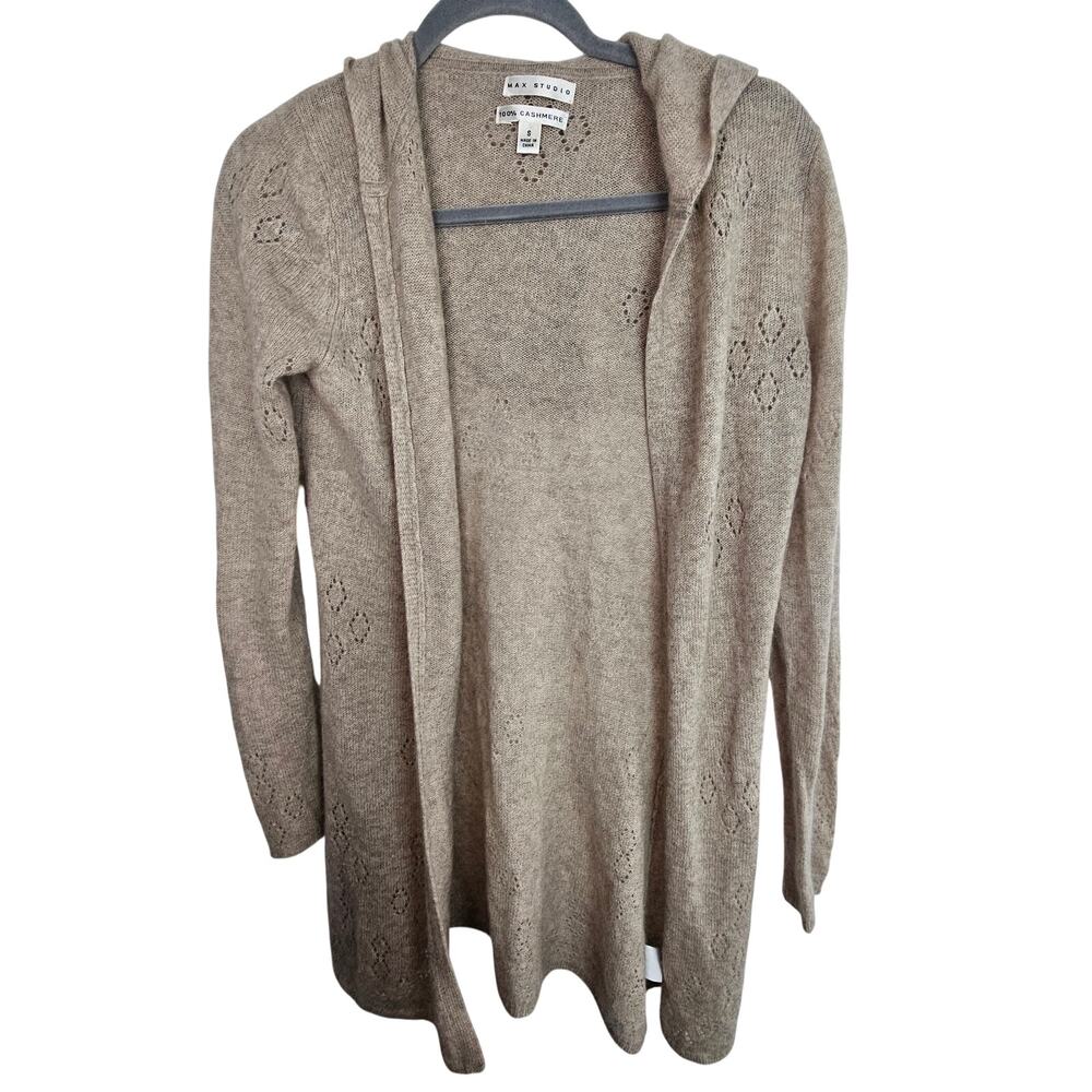 Max Studio Womens Cashmere Pointelle Knit Cardigan Sweater S Hooded Quiet Luxury